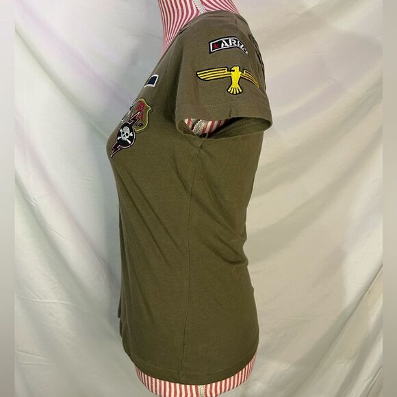 Y2K Grunge Top Army Green Studded Embroidered Patches Punk T-Shirt Sz Large - Picture 5 of 10
